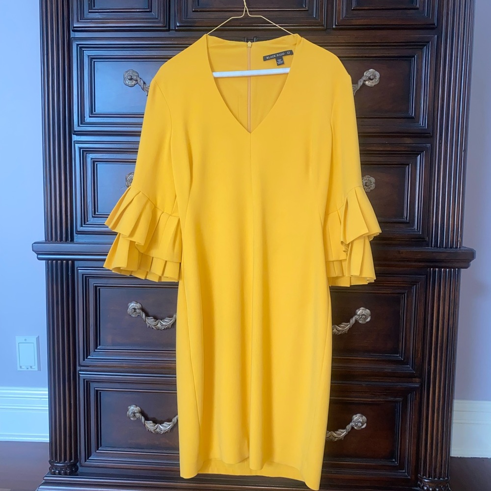 Black Halo Mustard Dress with ruffled sleeves